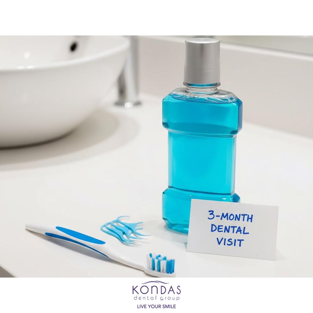 Toothbrush, floss picks, and blue mouthwash beside a reminder card for a 3-month dental visit on a bathroom counter.